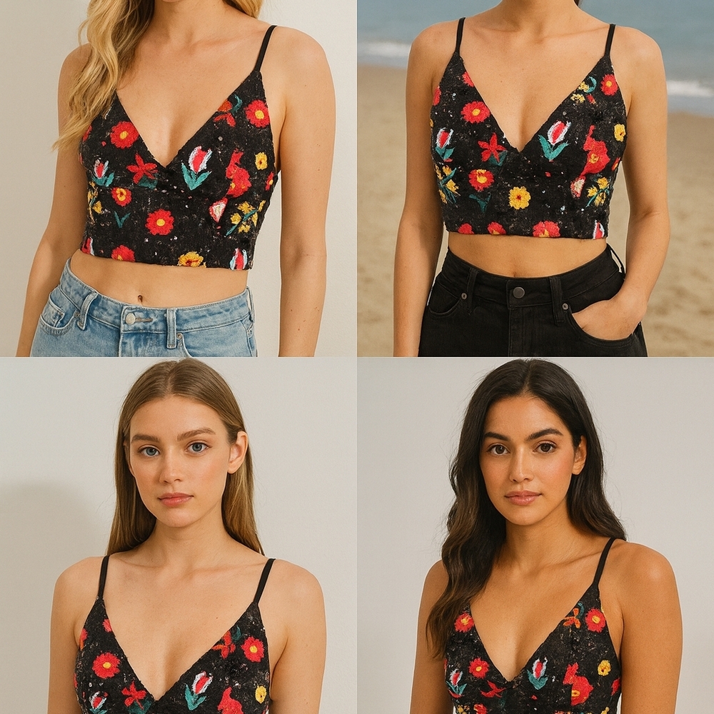 Floral Embroidered Black Crop Top